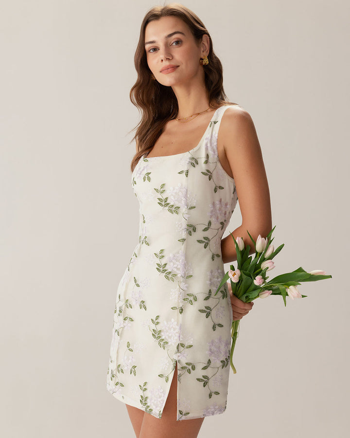 Morgan and Brooke | Beige Square Neck Embroidered Slip Mini Dress