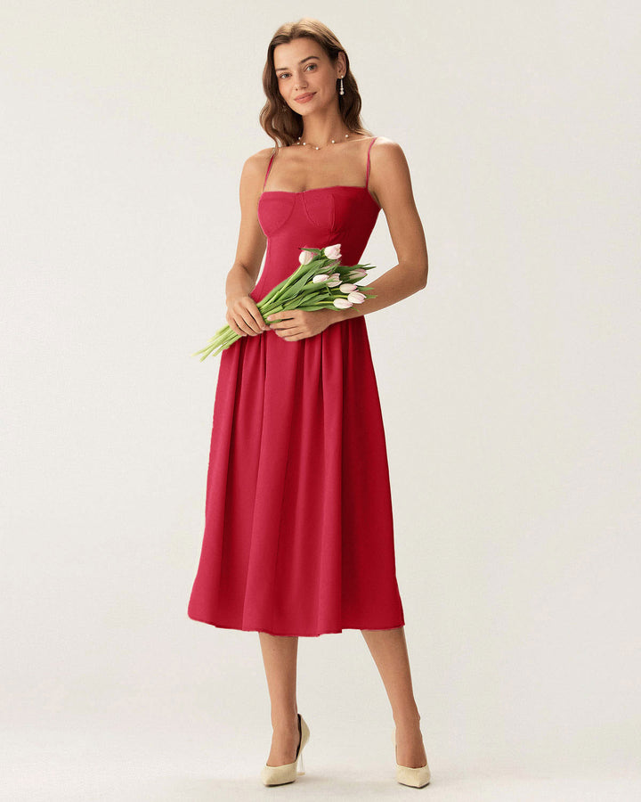 Morgan and Brooke | Square Neck Pocket Slip Midi Dress in Red