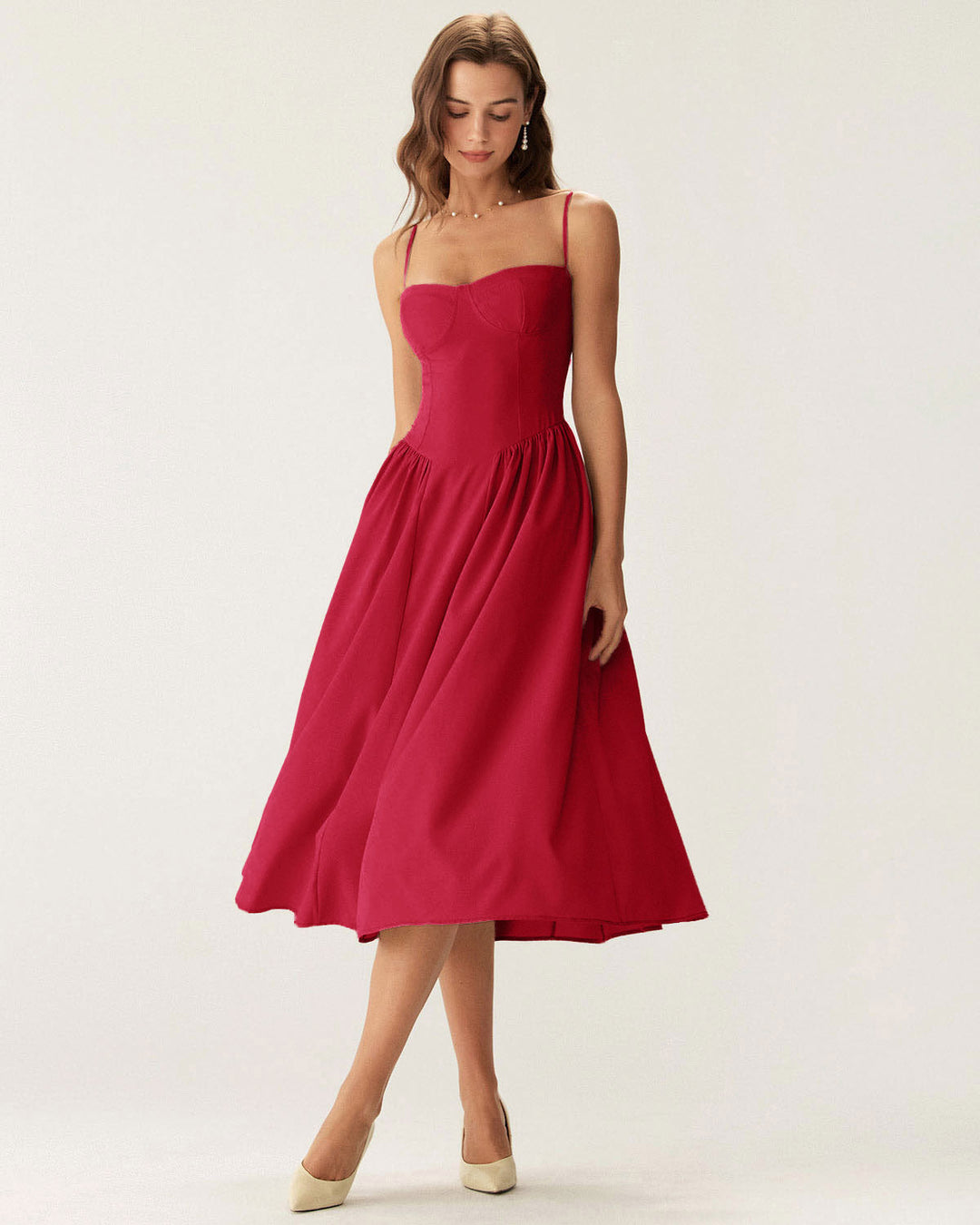 Morgan and Brooke | Square Neck Pocket Slip Midi Dress in Red