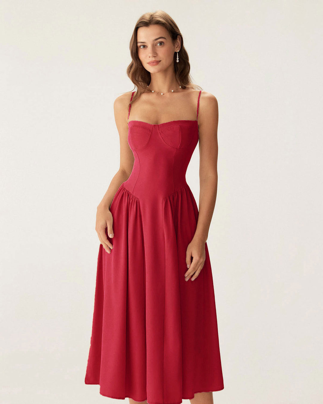 Morgan and Brooke | Square Neck Pocket Slip Midi Dress in Red