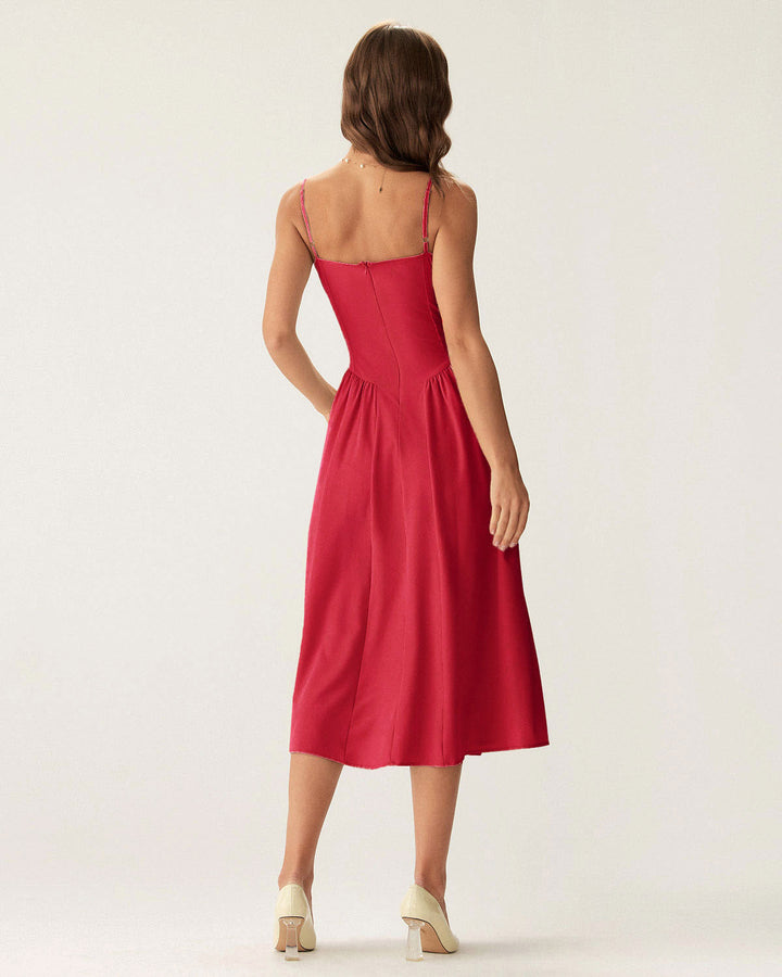 Morgan and Brooke | Square Neck Pocket Slip Midi Dress in Red