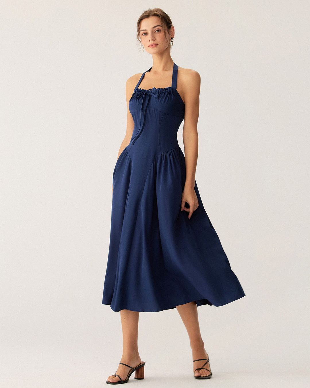 Morgan and Brooke | Navy Ruched Halter Midi Dress