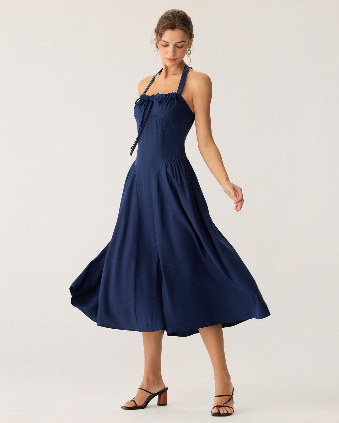 Morgan and Brooke | Navy Ruched Halter Midi Dress
