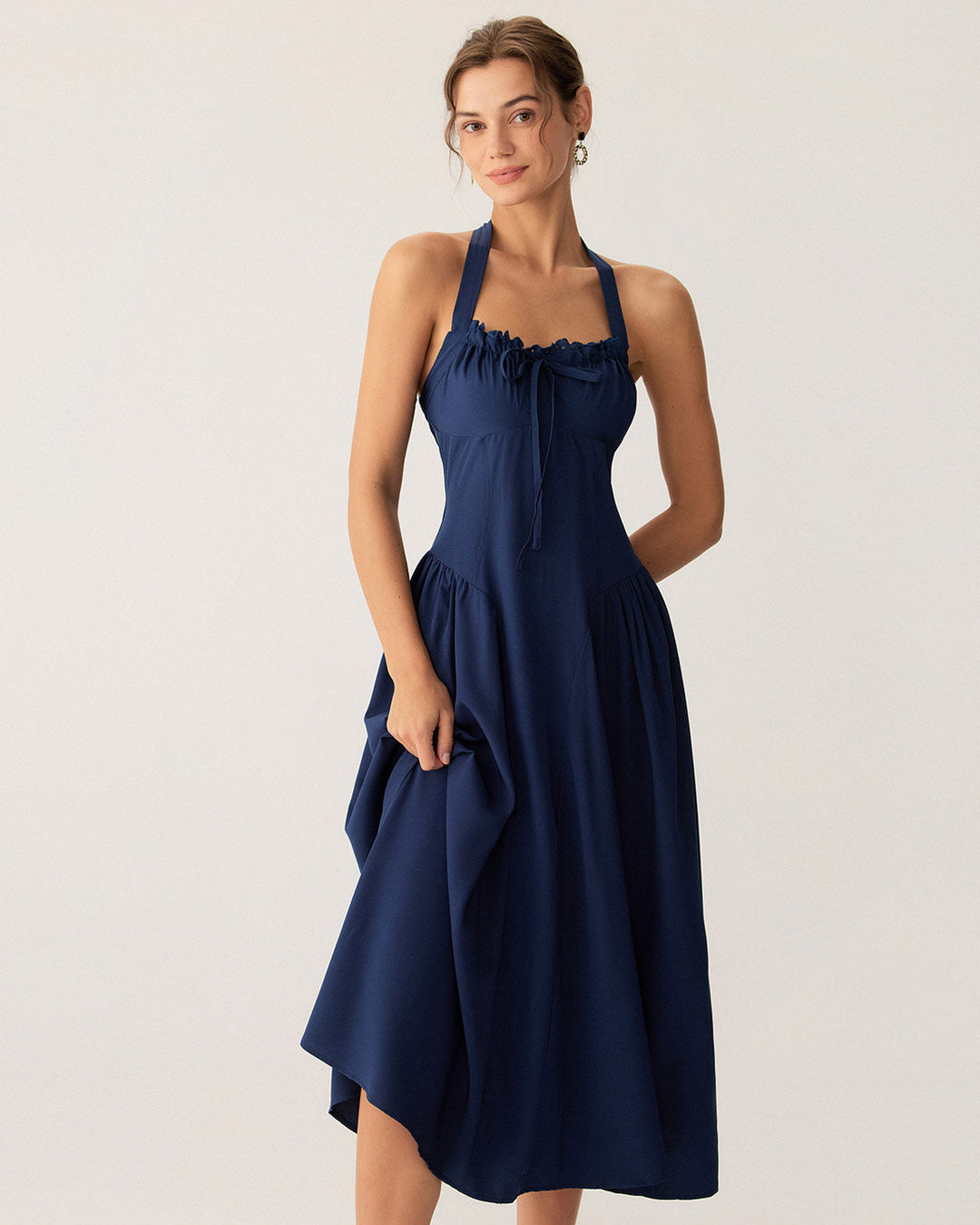 Morgan and Brooke | Navy Ruched Halter Midi Dress
