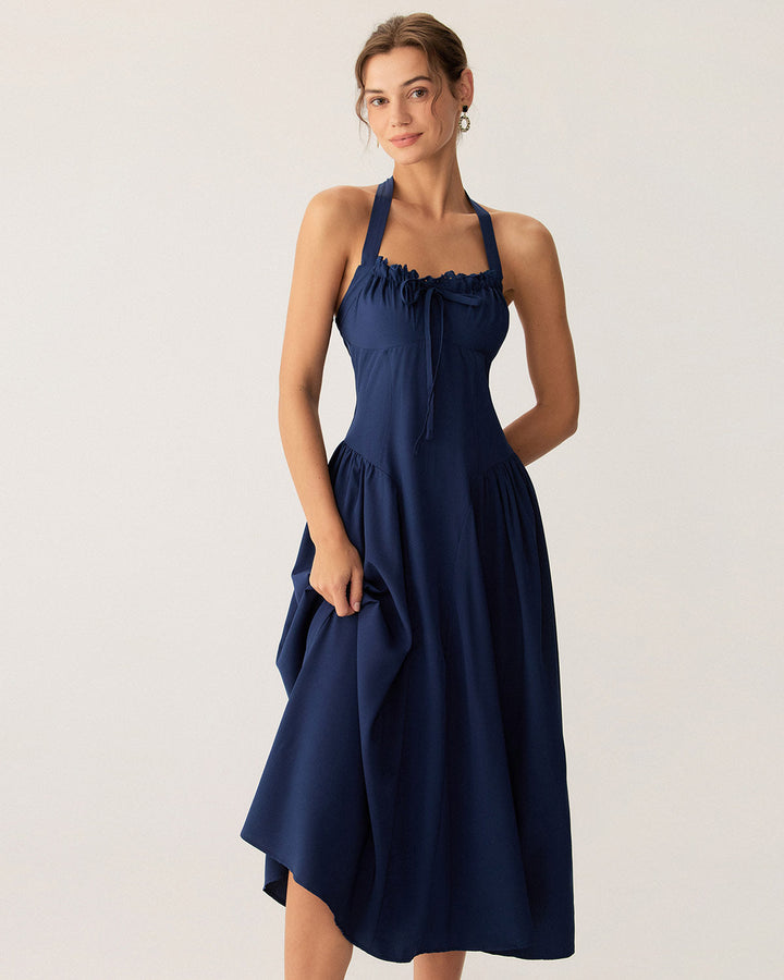 Morgan and Brooke | Navy Ruched Halter Midi Dress