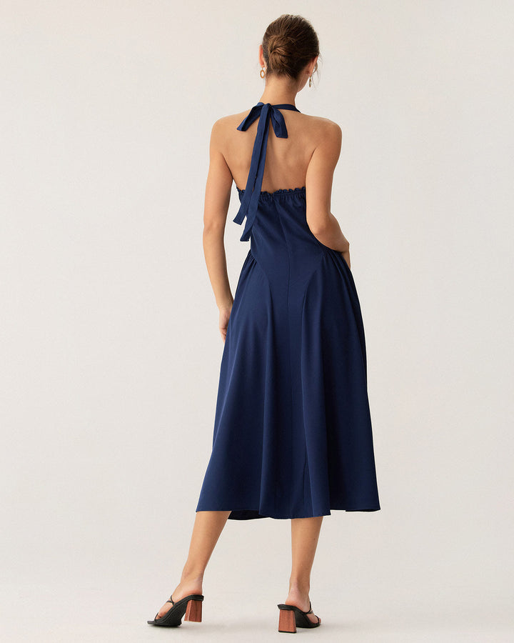 Morgan and Brooke | Navy Ruched Halter Midi Dress