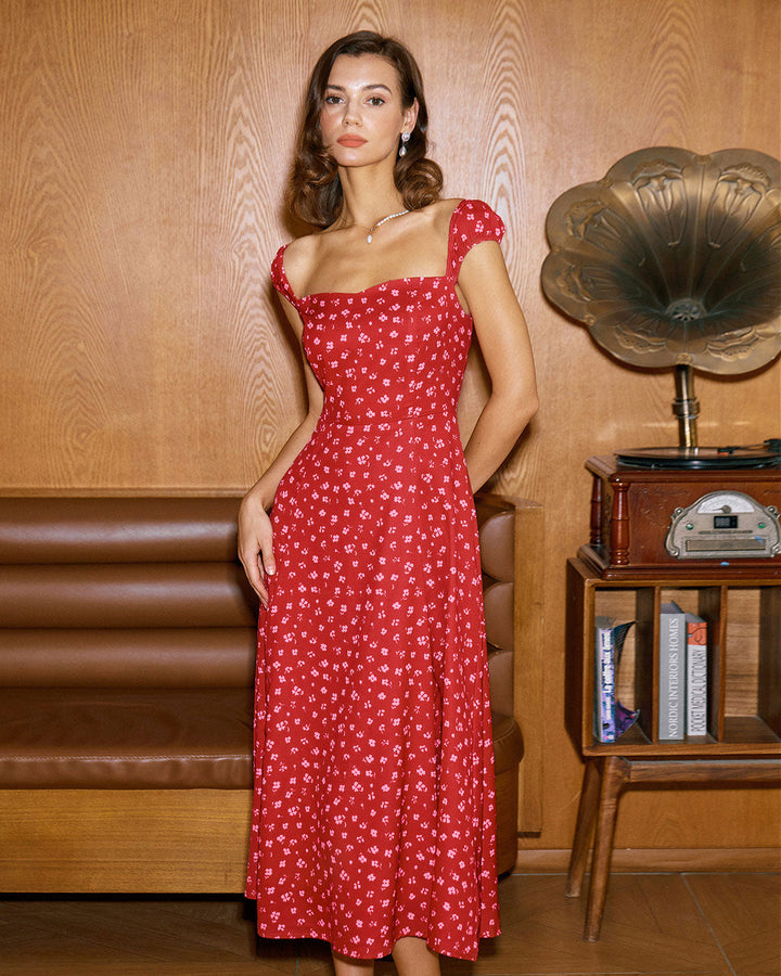 Morgan and Brooke | Floral Sweetheart Neck Cap Sleeve Midi Dress