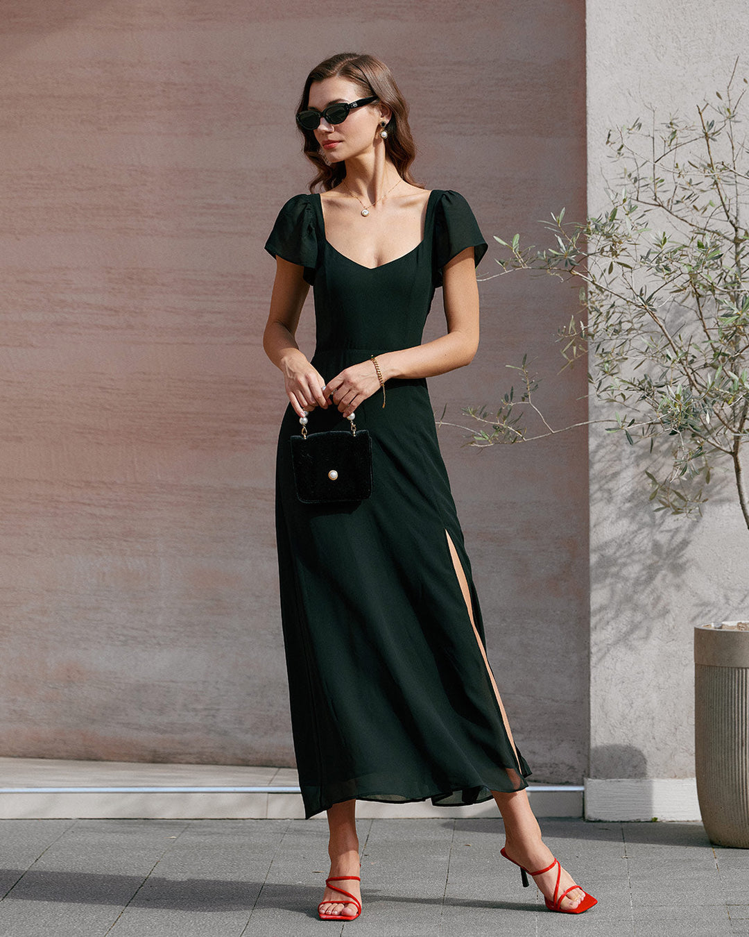 Morgan and Brooke | Chiffon Maxi Dress for Women in Black with Sweetheart Neckline