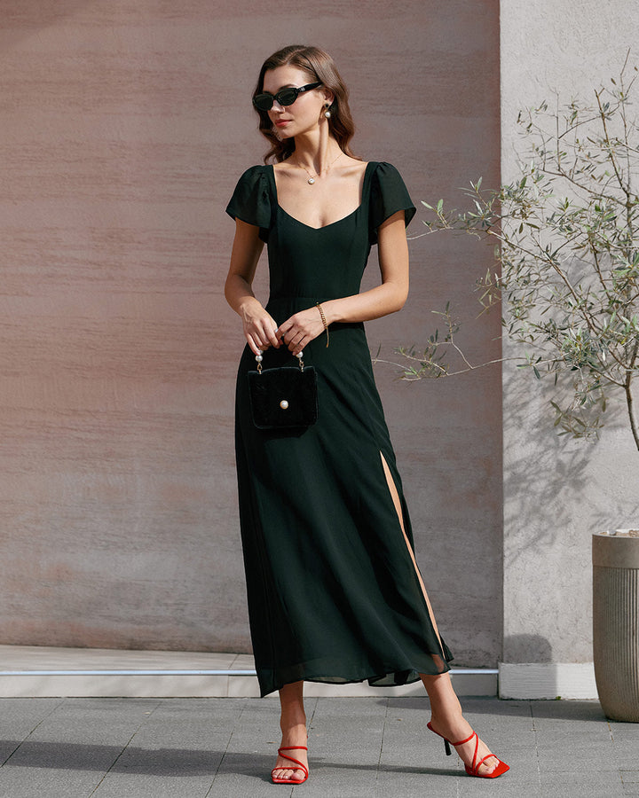 Morgan and Brooke | Chiffon Maxi Dress for Women in Black with Sweetheart Neckline