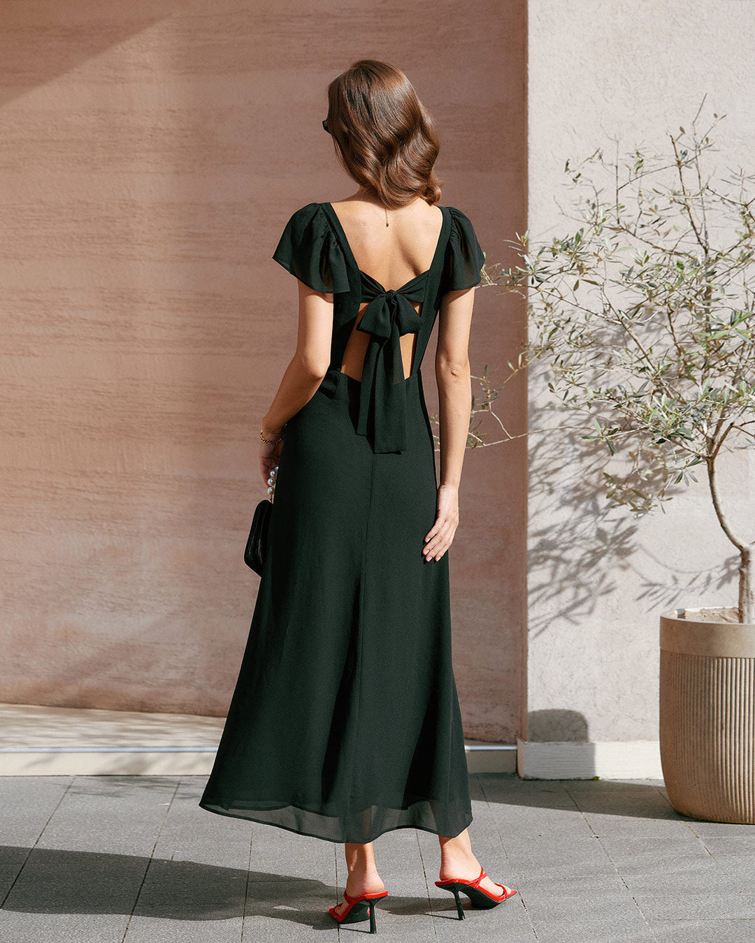 Morgan and Brooke | Chiffon Maxi Dress for Women in Black with Sweetheart Neckline