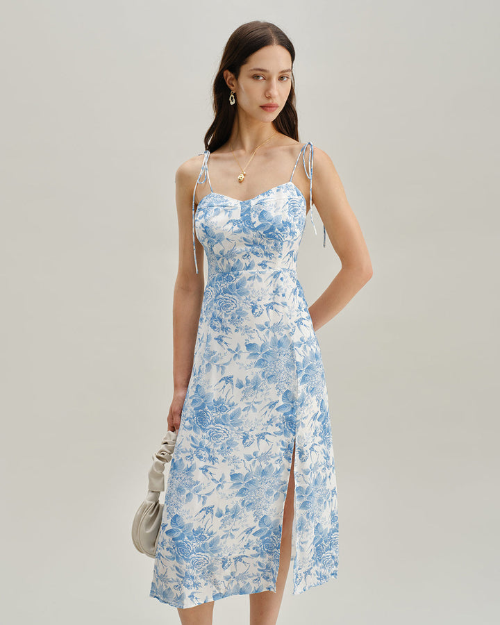 Morgan and Brooke | Sweetheart Neck Shirred Midi Dress in Blue