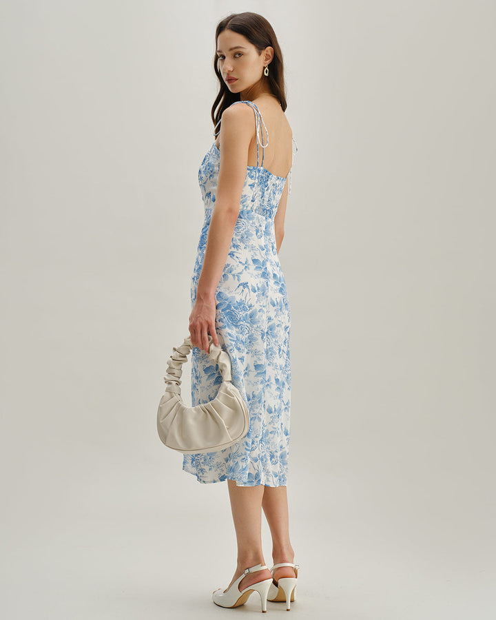 Morgan and Brooke | Blue Sweetheart Neck Shirred Midi Dress