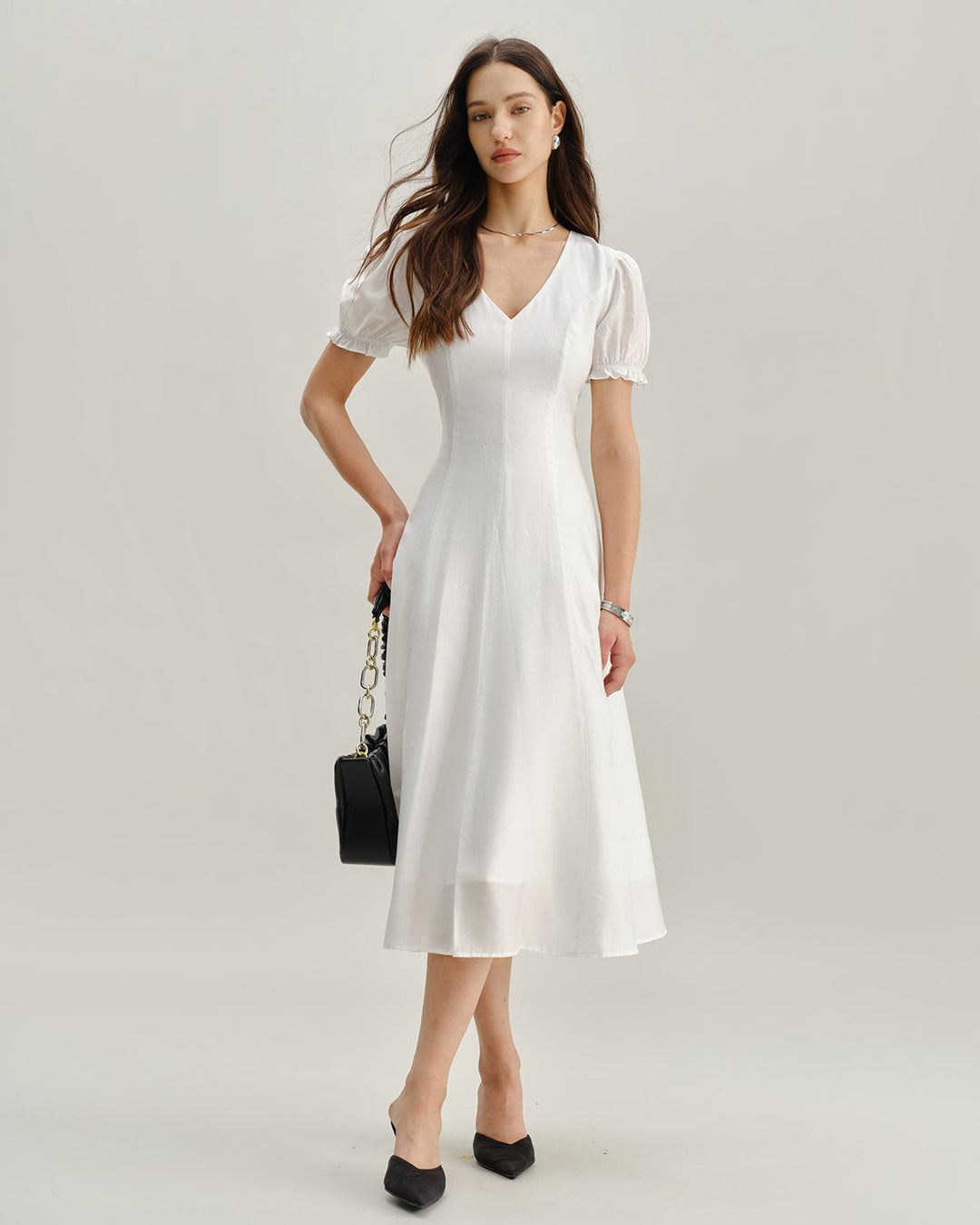 Morgan and Brooke | White Puffed Sleeve V Neck Midi Dress