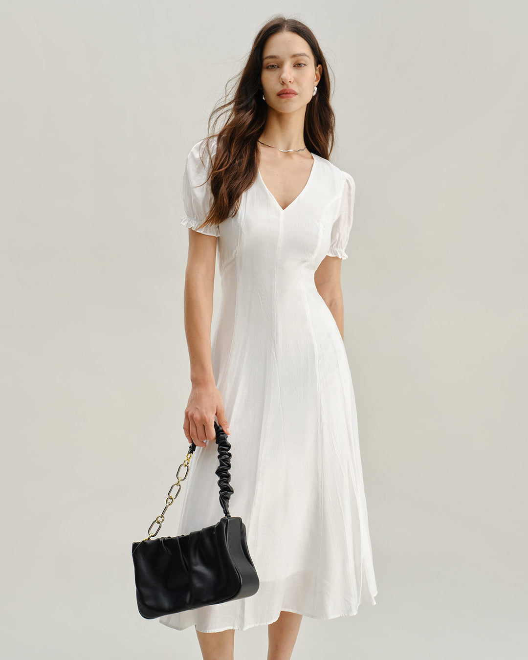 Morgan and Brooke | White Puffed Sleeve V Neck Midi Dress