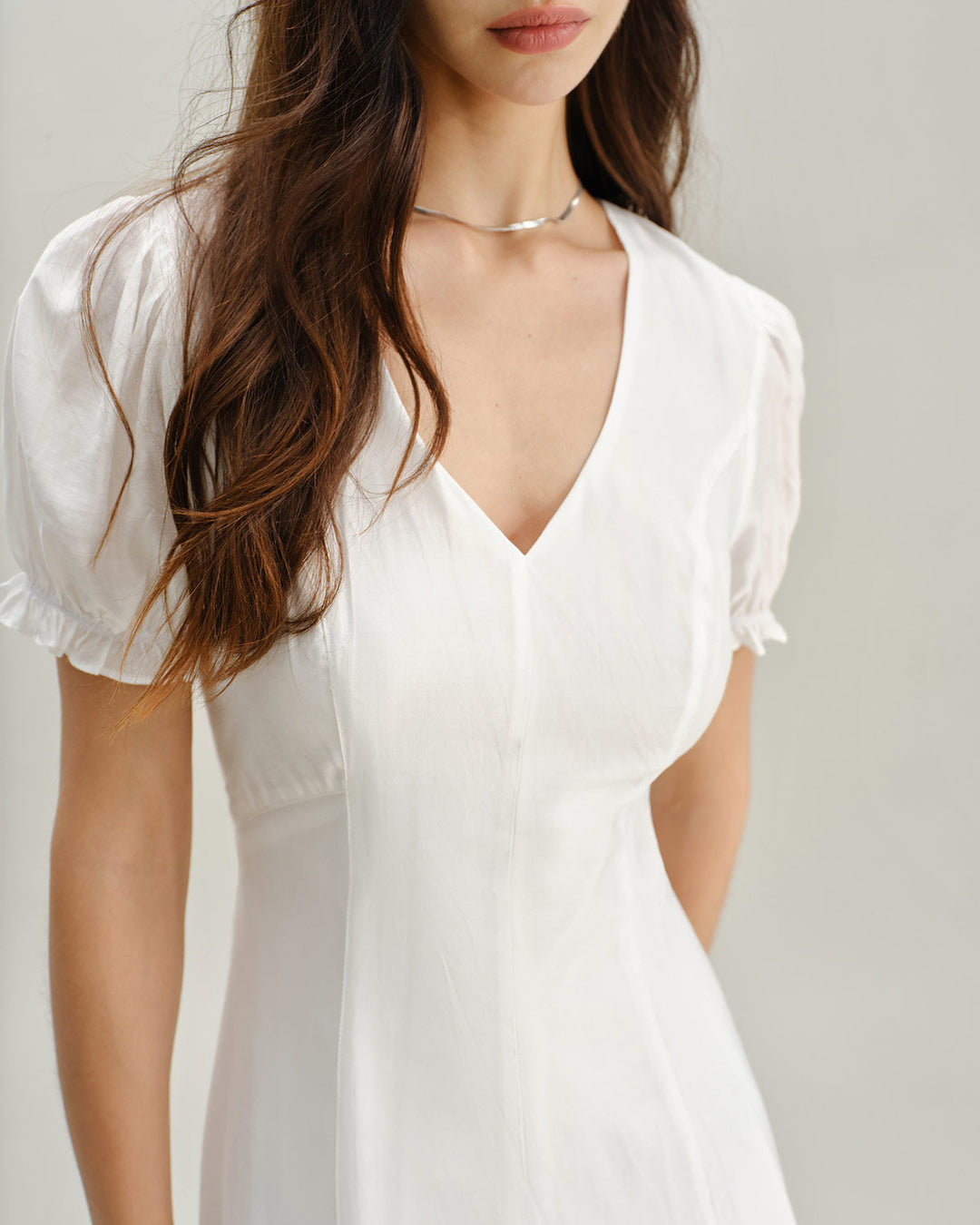 Morgan and Brooke | White Puffed Sleeve V Neck Midi Dress