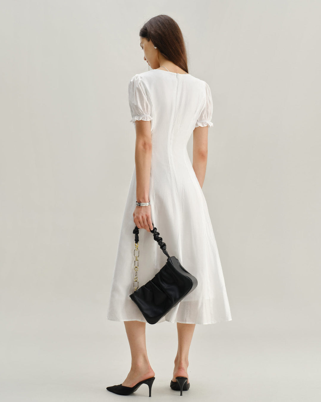 Morgan and Brooke | White Puffed Sleeve V Neck Midi Dress