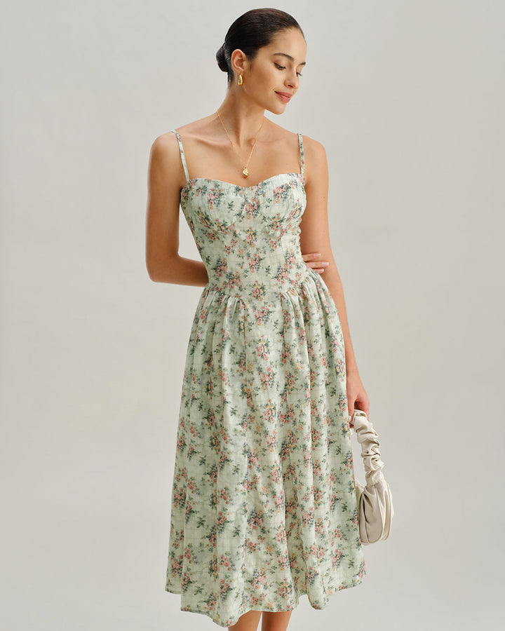 Morgan and Brooke | Floral Sweetheart Neck Pleated Midi Dress in Green