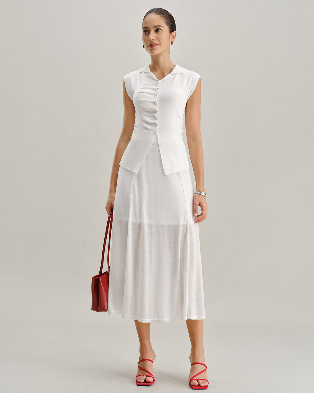 Morgan and Brooke | White Elastic Waist Midi Skirt