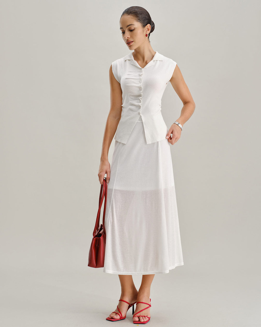 Morgan and Brooke | White Elastic Waist Midi Skirt
