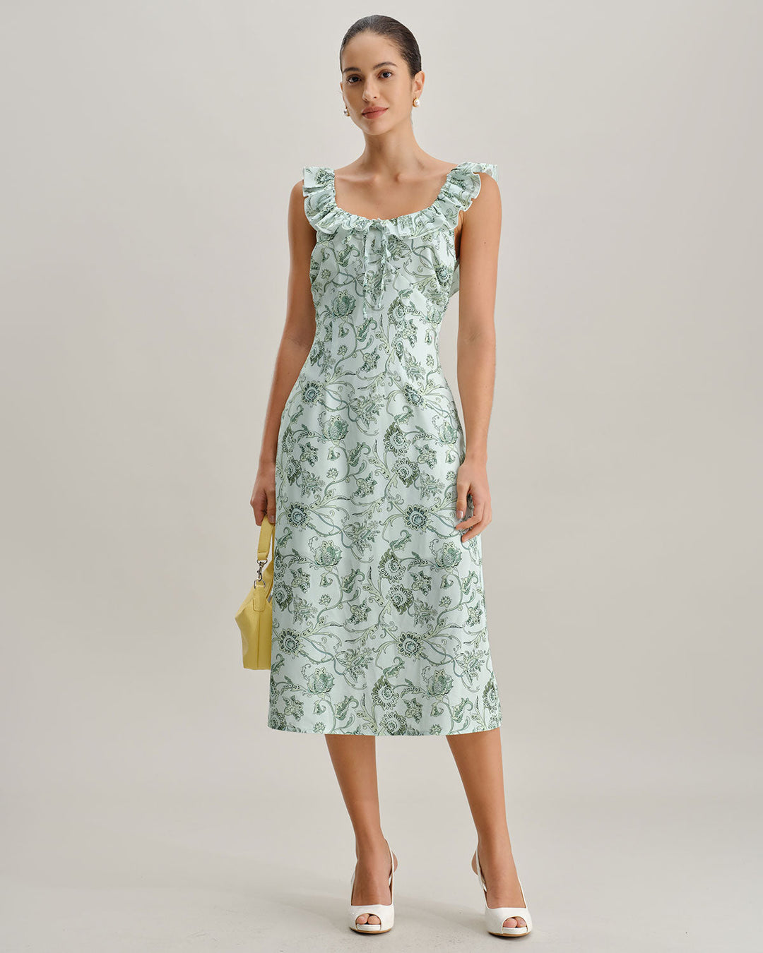 Morgan and Brooke | Floral Square Neck Ruched Midi Dress in Green