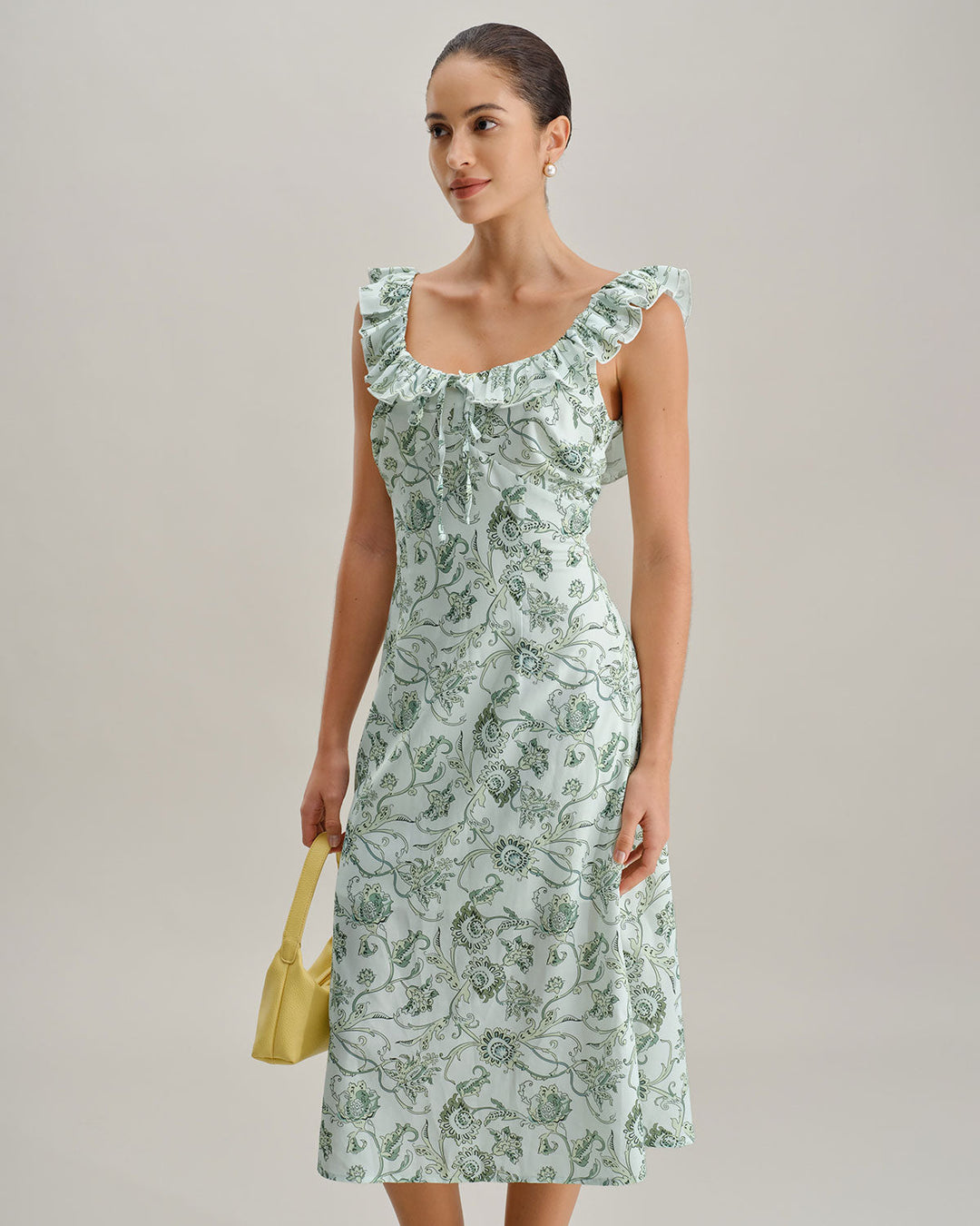 Morgan and Brooke | Floral Square Neck Ruched Midi Dress in Green