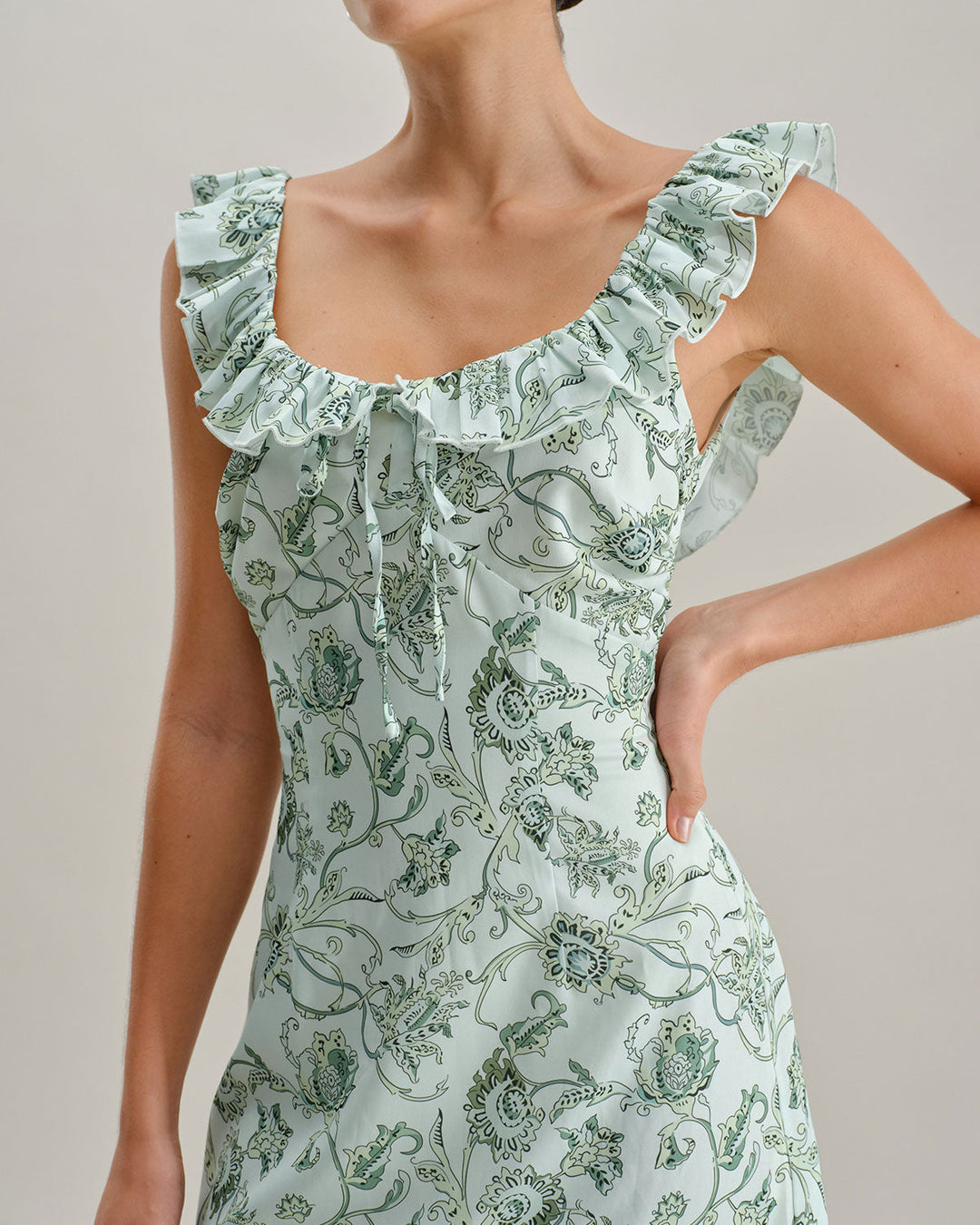 Morgan and Brooke | Floral Square Neck Ruched Midi Dress in Green