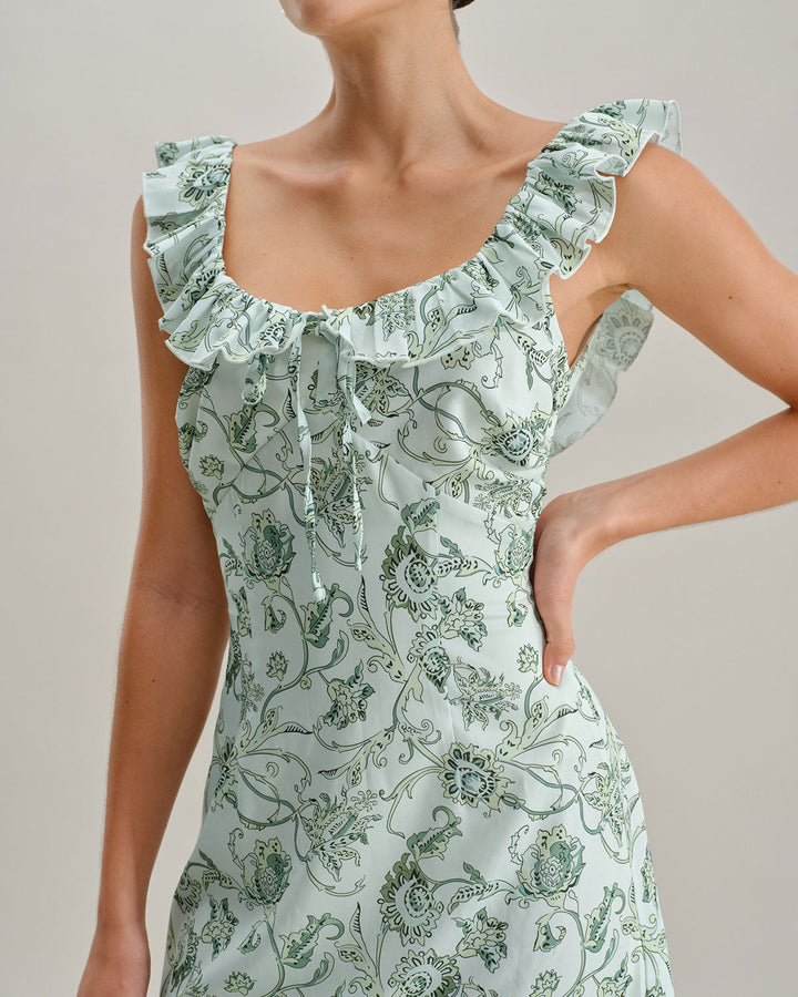 Morgan and Brooke | Floral Square Neck Ruched Midi Dress in Green