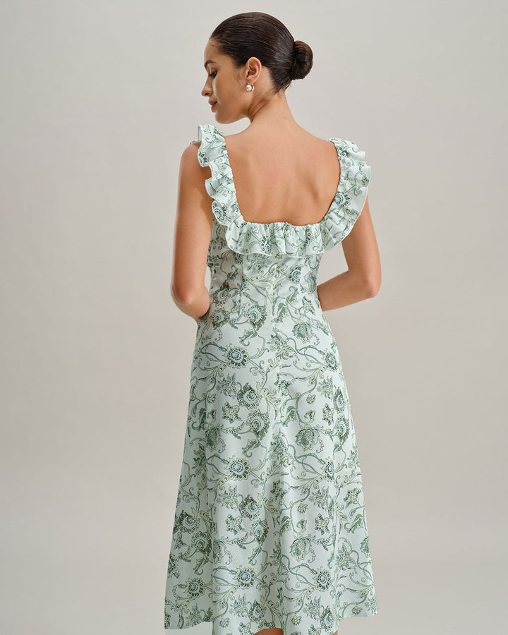 Morgan and Brooke | Floral Square Neck Ruched Midi Dress in Green