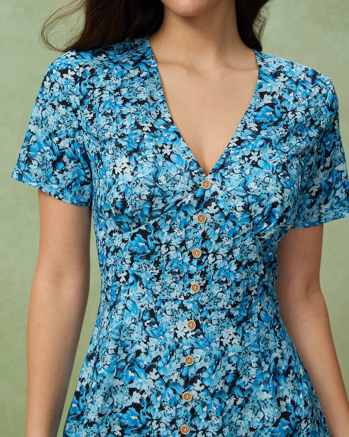Morgan and Brooke | Floral V-Neck Mini Dress for Women in Blue