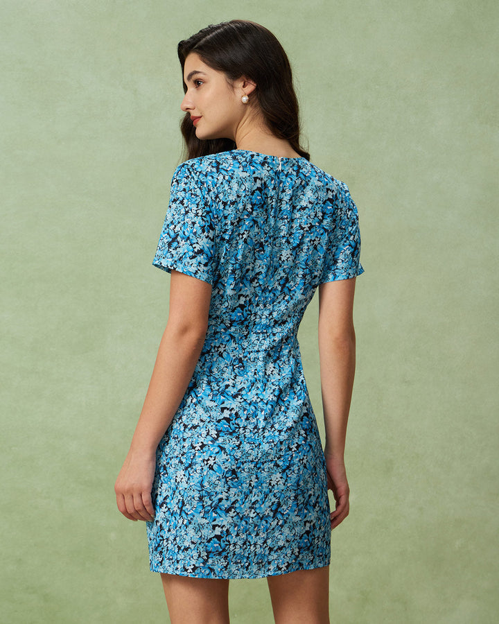 Morgan and Brooke | Floral V-Neck Mini Dress for Women in Blue