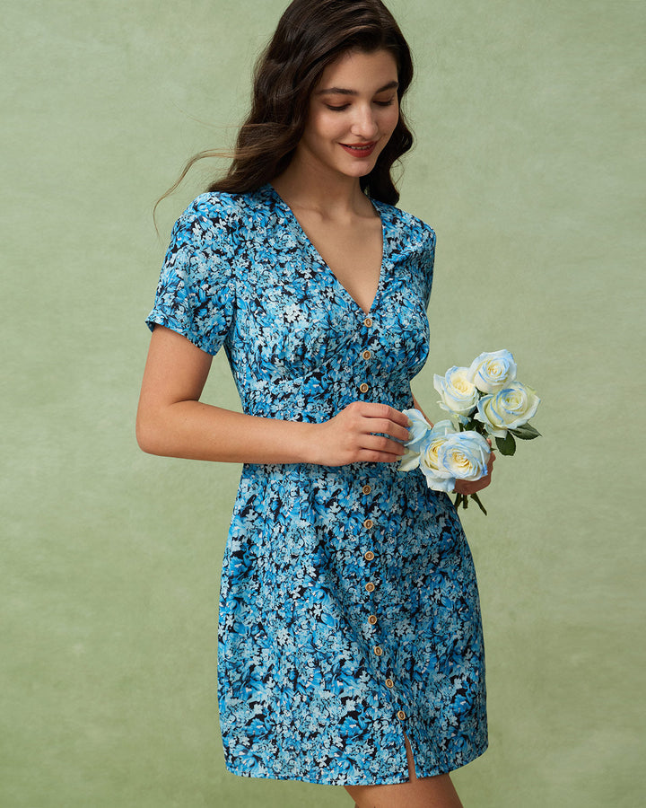 Morgan and Brooke | Floral V-Neck Mini Dress for Women in Blue