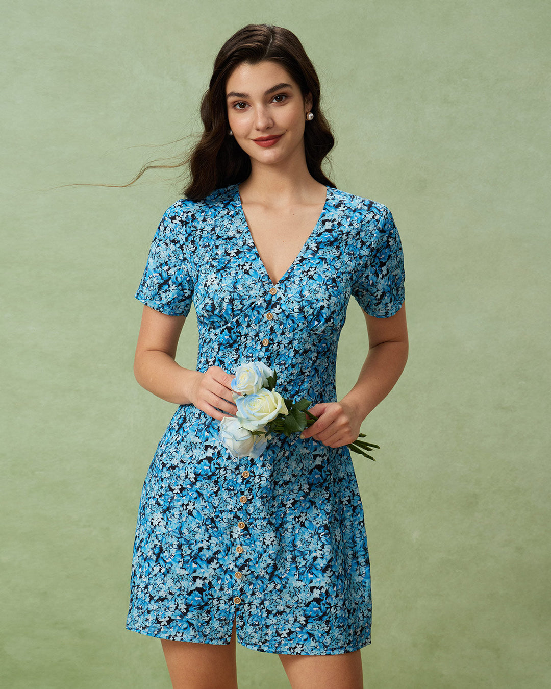 Morgan and Brooke | Floral V-Neck Mini Dress for Women in Blue
