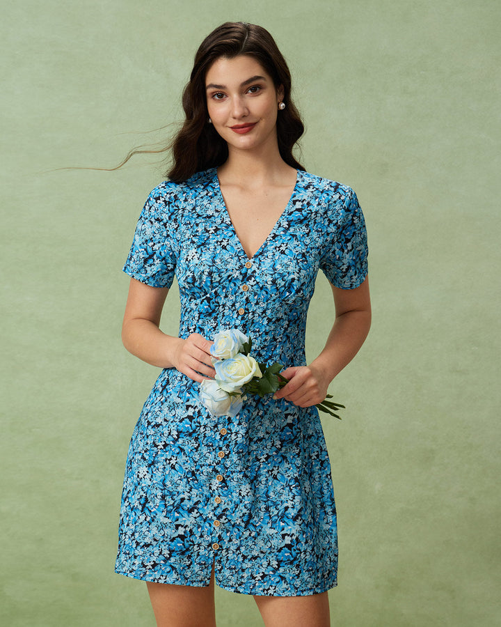 Morgan and Brooke | Floral V-Neck Mini Dress for Women in Blue