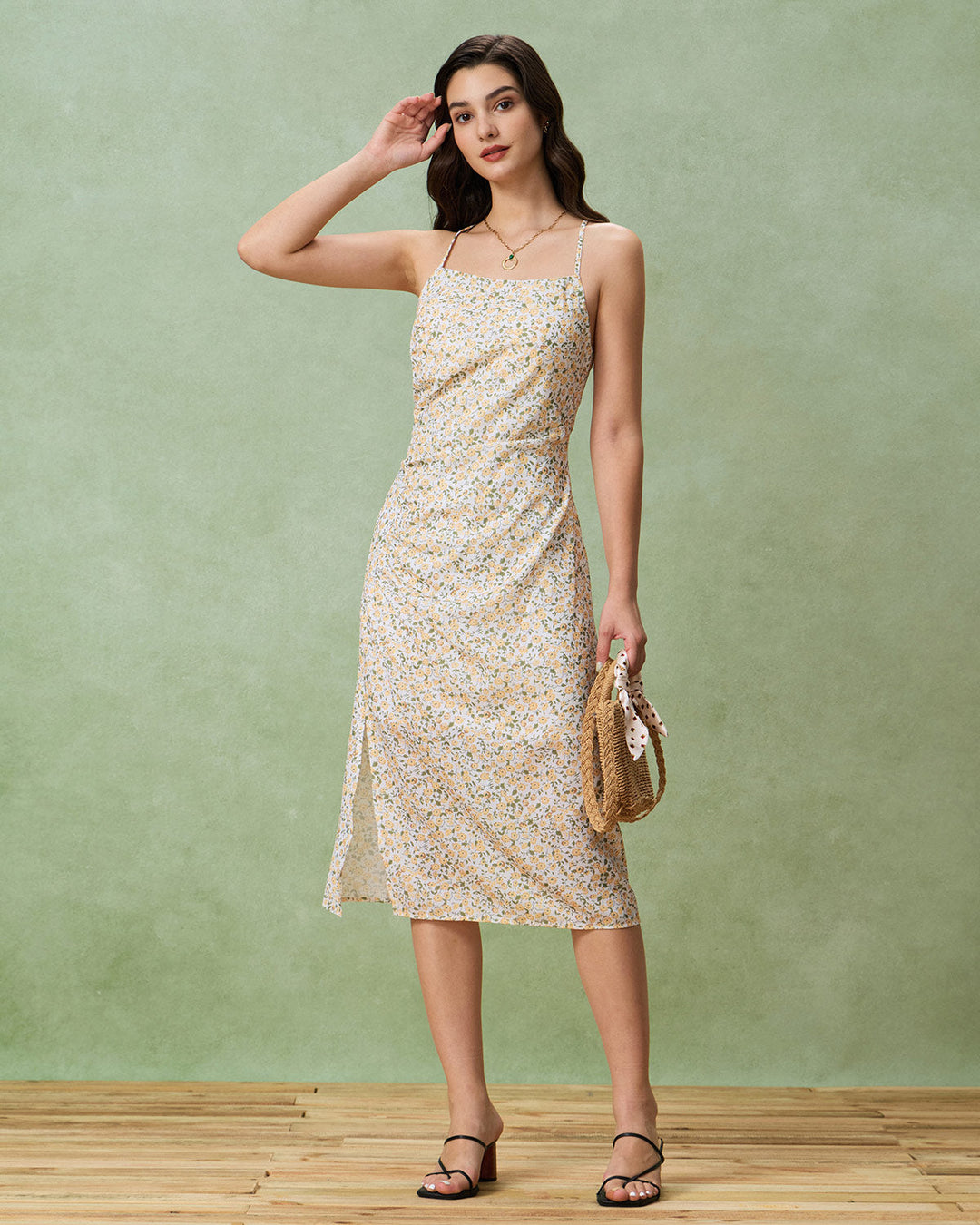 Morgan and Brooke | Floral Ruched Slip Midi Dress for Women in Yellow