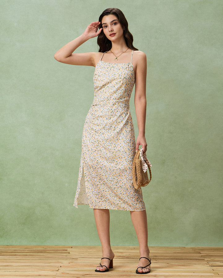 Morgan and Brooke | Floral Ruched Slip Midi Dress for Women in Yellow