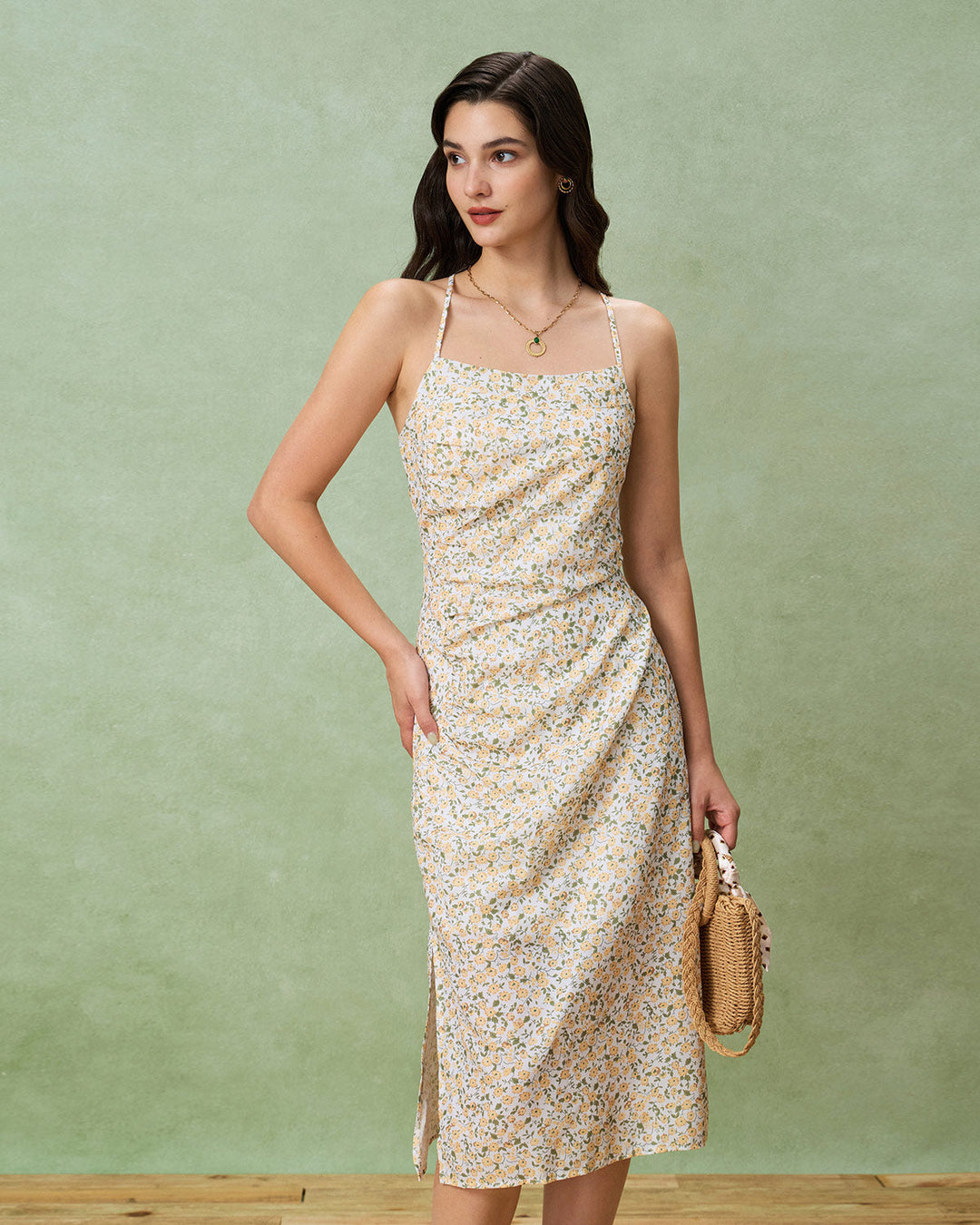 Morgan and Brooke | Floral Ruched Slip Midi Dress for Women in Yellow