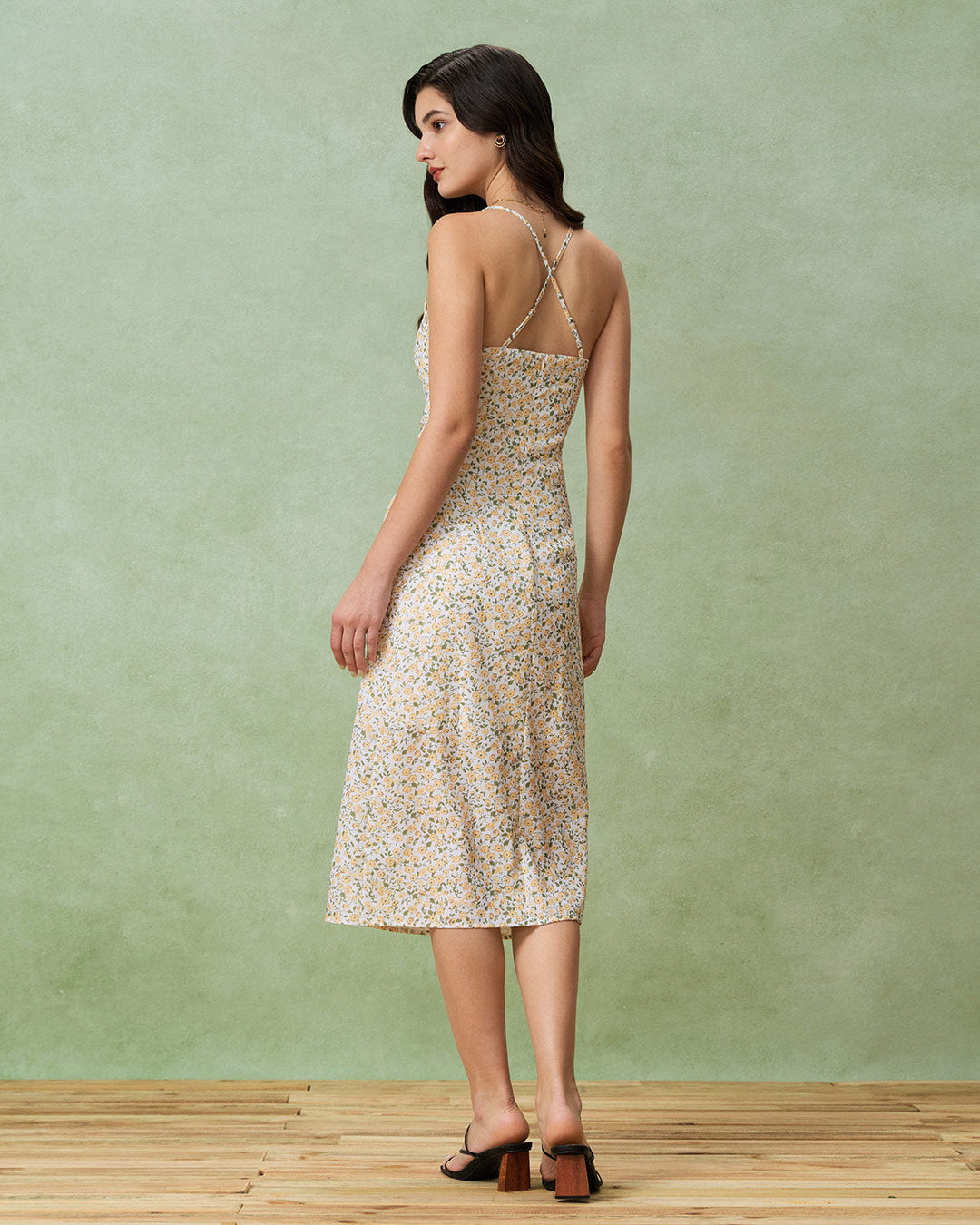Morgan and Brooke | Floral Ruched Slip Midi Dress for Women in Yellow