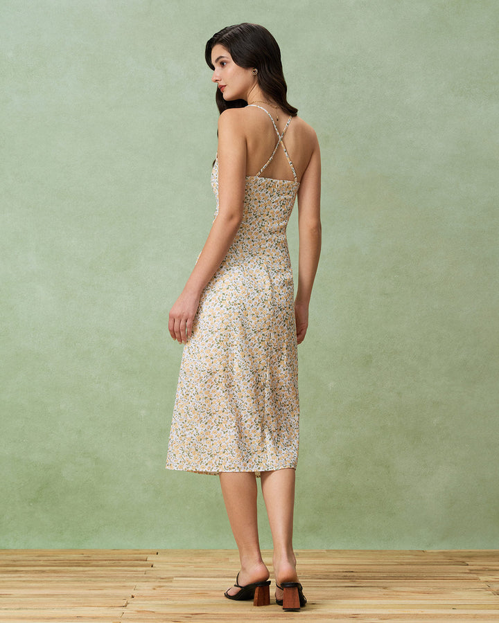 Morgan and Brooke | Floral Ruched Slip Midi Dress for Women in Yellow