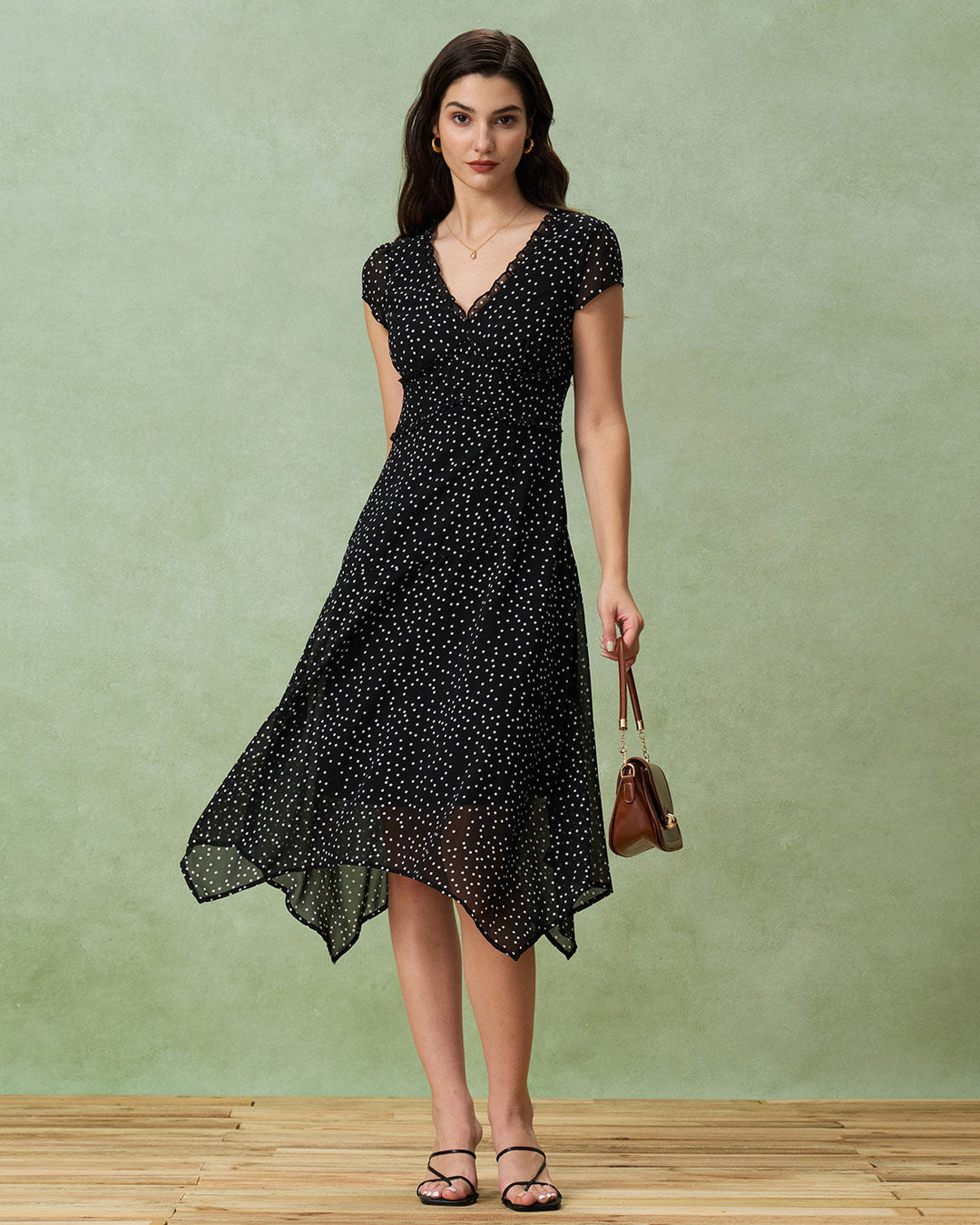 Morgan and Brooke | V Neck Polka Dot Midi Dress for Women in Black