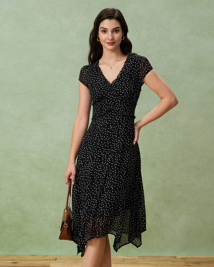 Morgan and Brooke | V Neck Polka Dot Midi Dress for Women in Black
