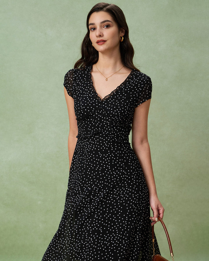 Morgan and Brooke | V Neck Polka Dot Midi Dress for Women in Black