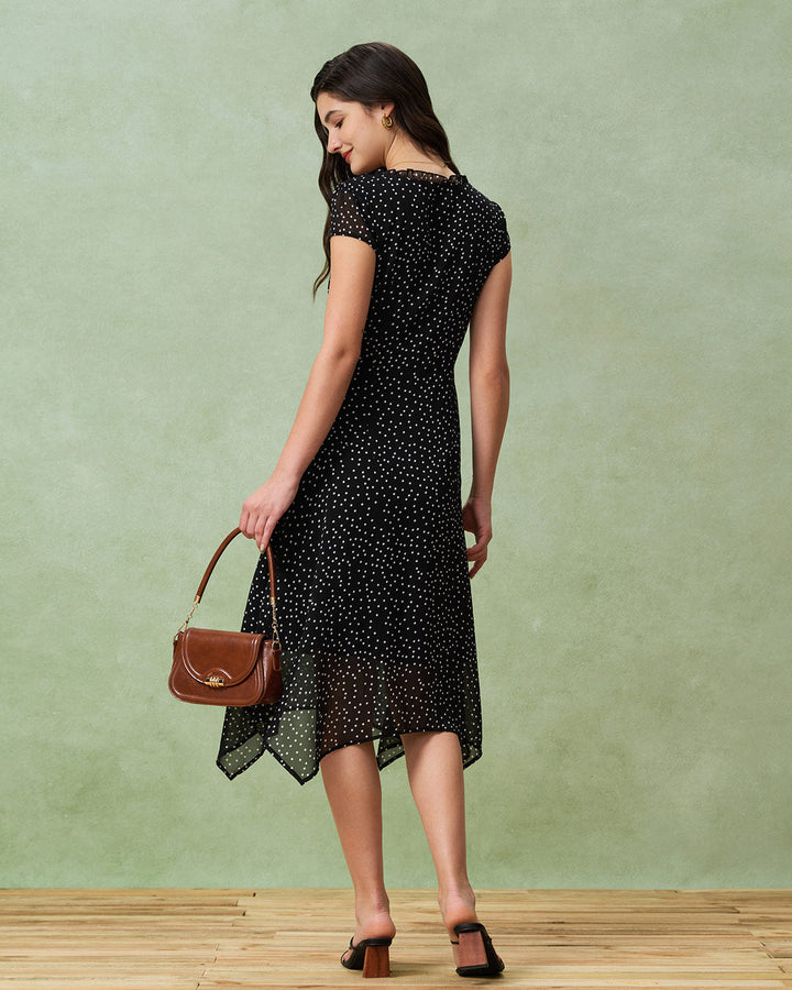 Morgan and Brooke | V Neck Polka Dot Midi Dress for Women in Black