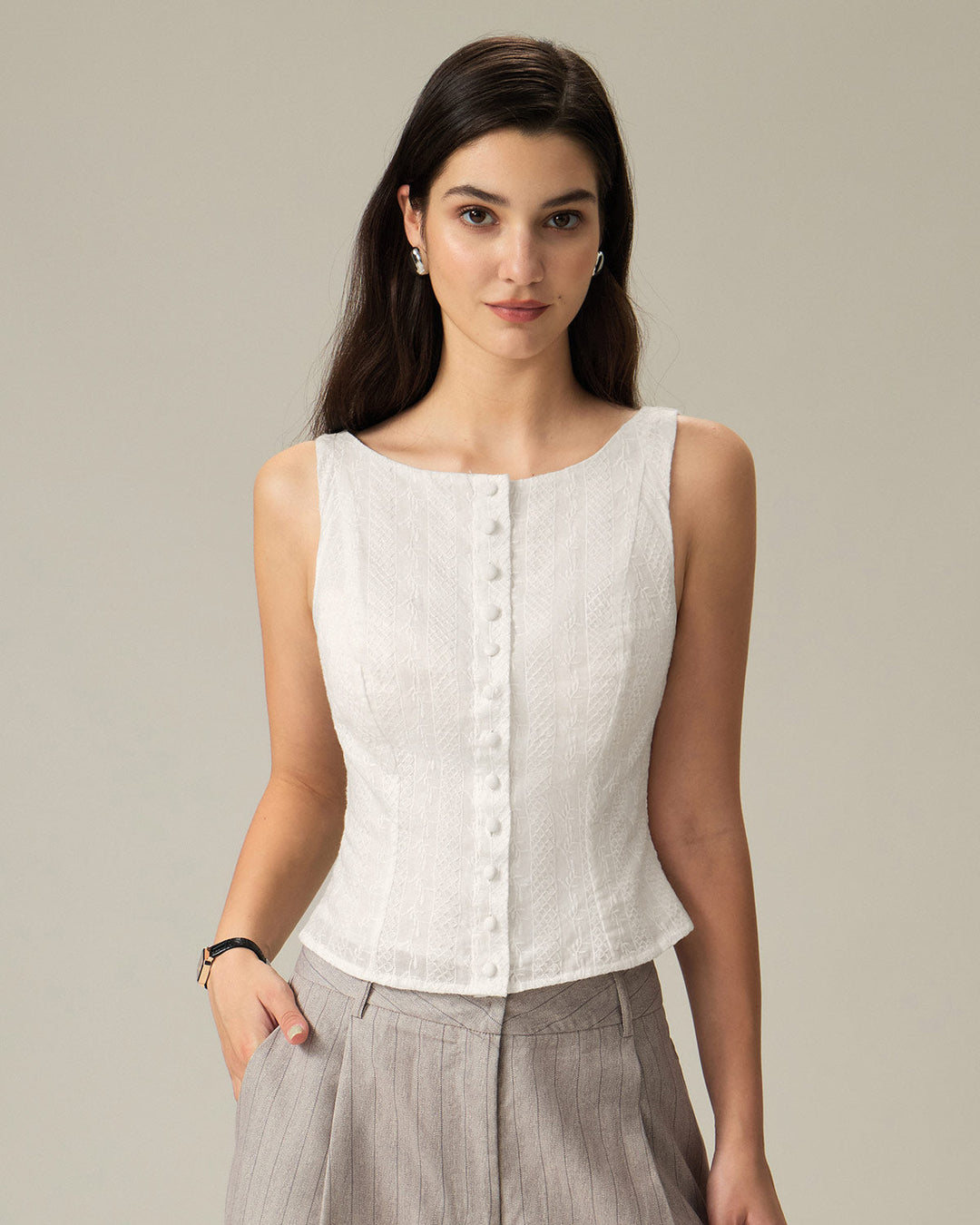 Morgan and Brooke | Textured Boat Neck Button Vest for Women in White