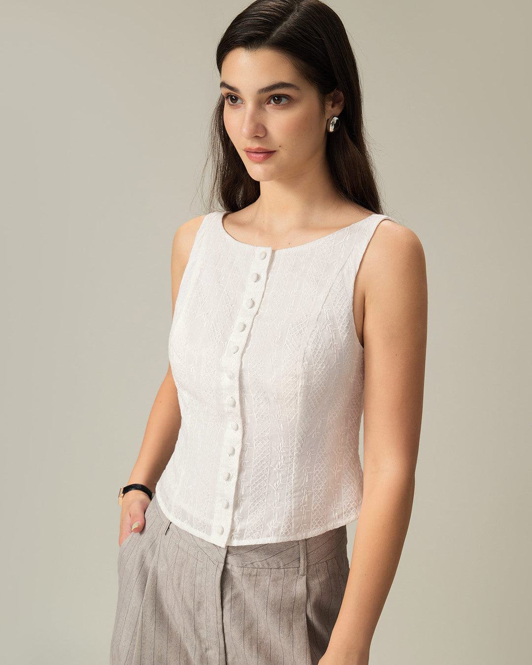 Morgan and Brooke | Textured Boat Neck Button Vest for Women in White