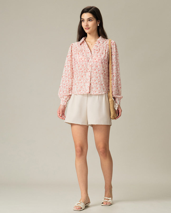 Morgan and Brooke | Floral Ruched Shirt for Women in Red