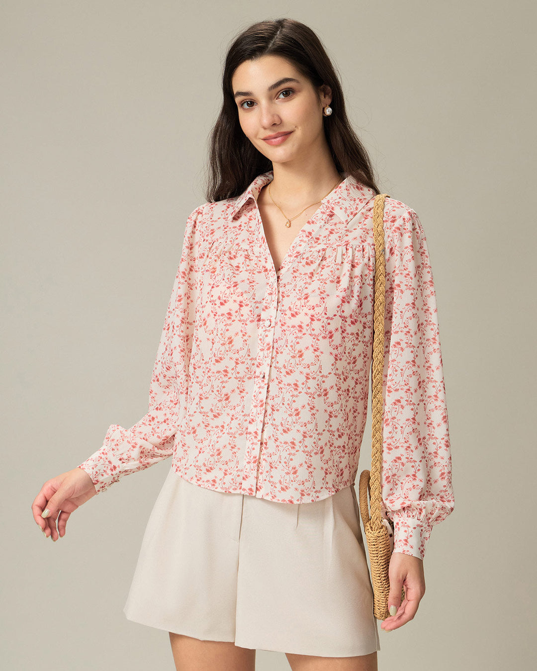 Morgan and Brooke | Floral Ruched Shirt for Women in Red