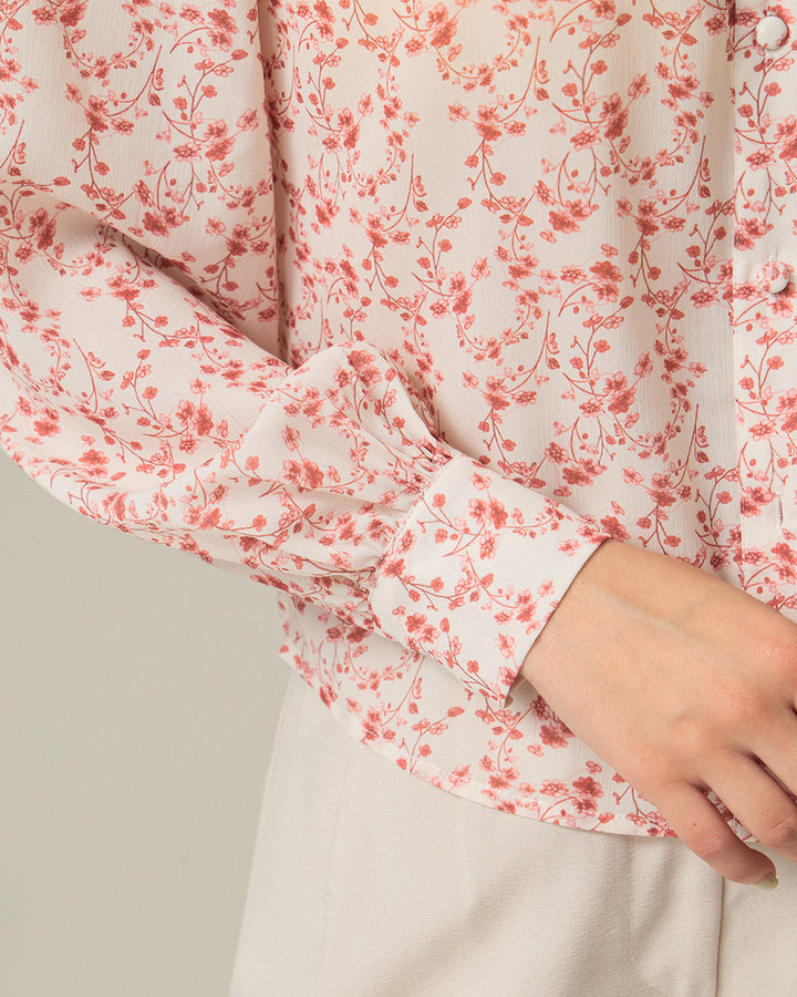 Morgan and Brooke | Floral Ruched Shirt for Women in Red