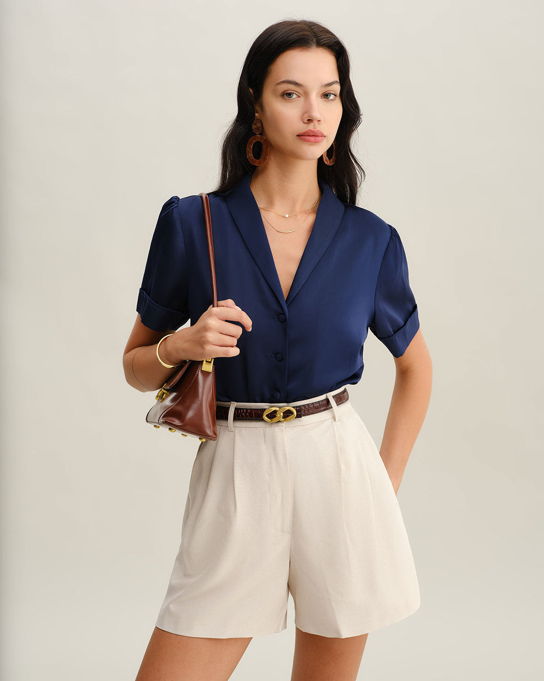 Morgan and Brooke | Satin Button Blouse for Women in Navy