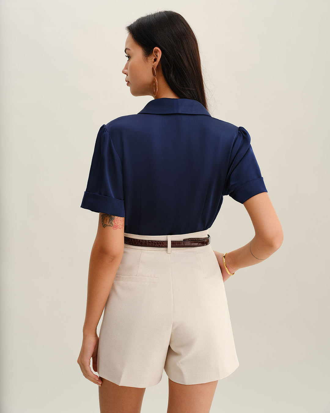 Morgan and Brooke | Satin Button Blouse for Women in Navy