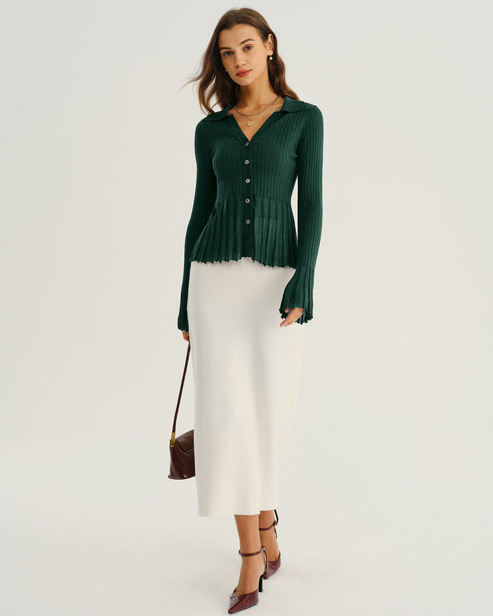Morgan and Brooke | Green V-Neck Bell Sleeve Knit Cardigan